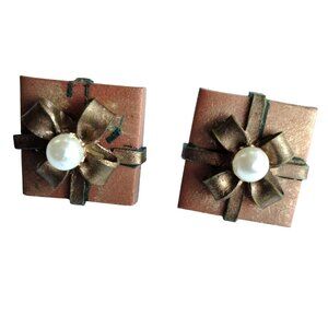 Gift Box Earrings Gold Bow Present Faux Pearl Holiday Jewelry